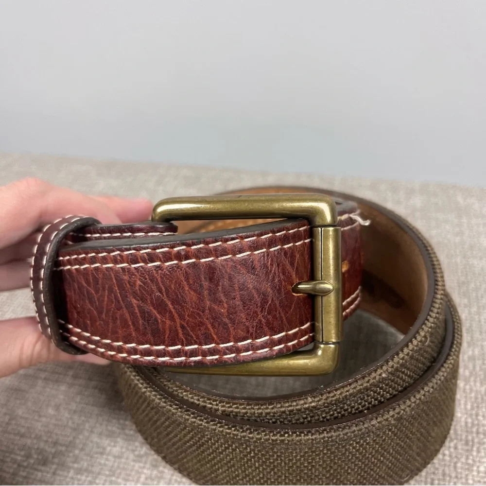 Chippewa Western Cowboy Olive Green Nylon Brown Leather Belt Brass Men’s Size 42